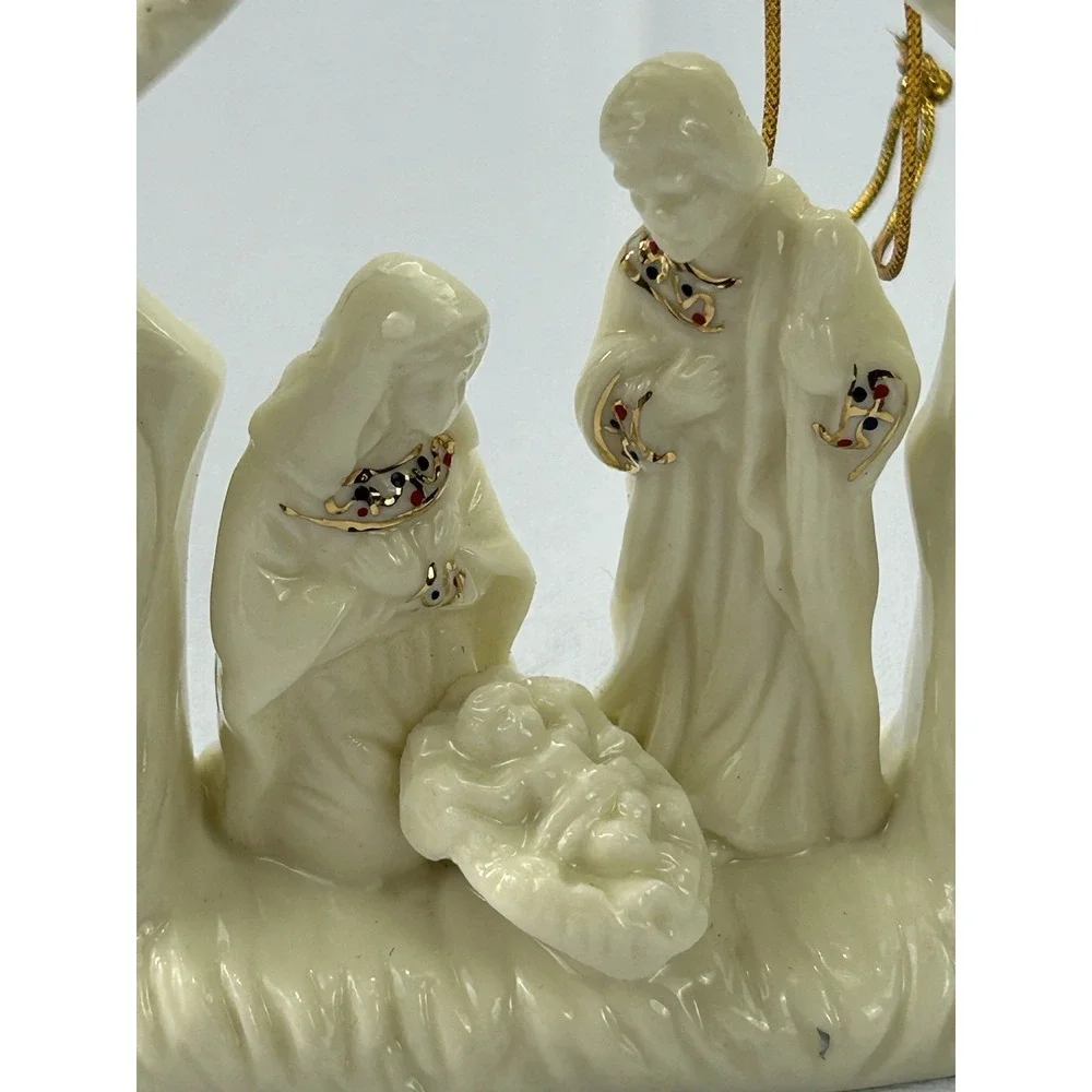 Ceramic Nativity Ornament Holy Family Manger Ivory Gold Christmas 4.5